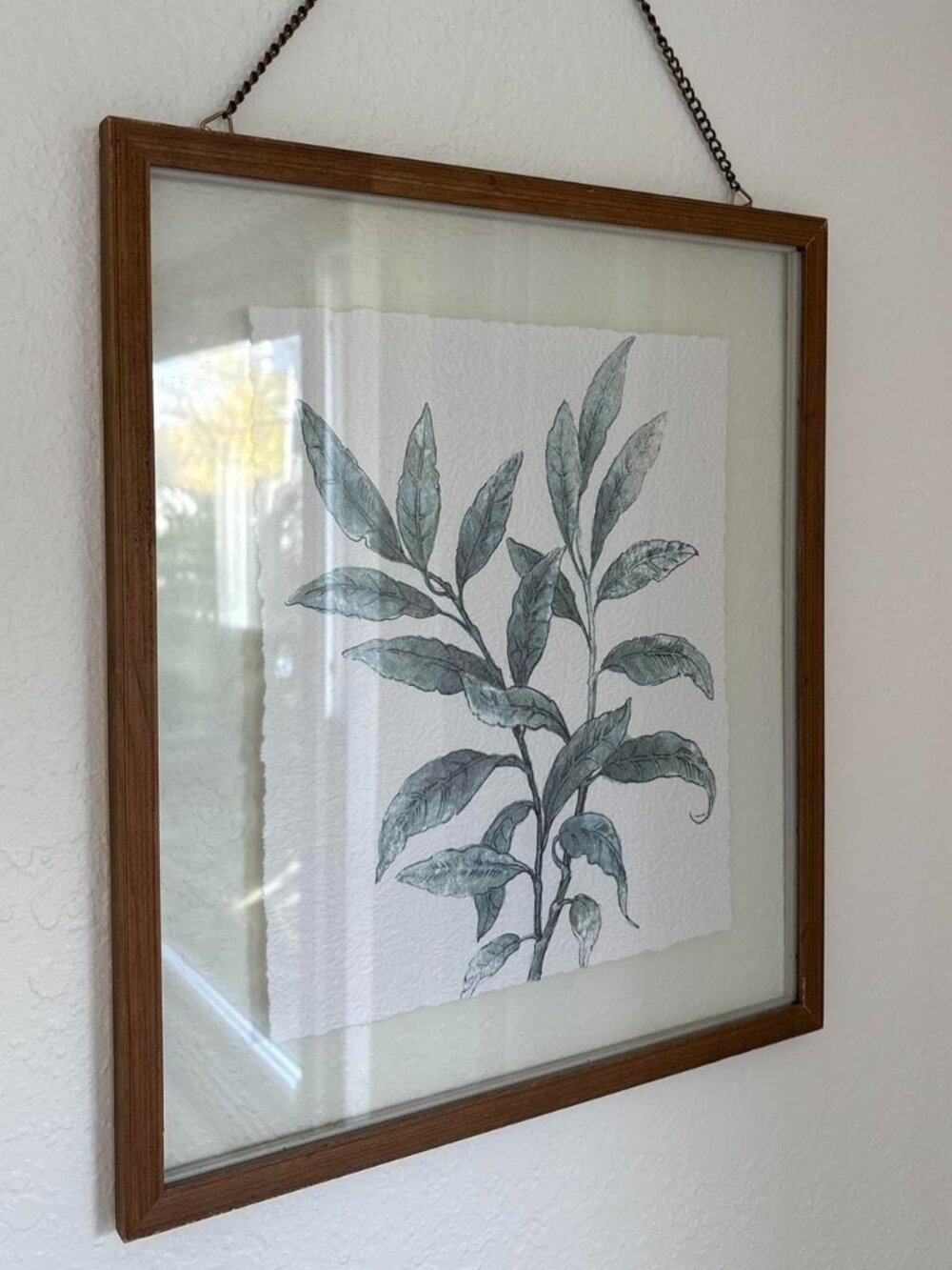 Minimalist Wooden Trim Floating Glass Frame Botanical Leaf Wall Art 11x9